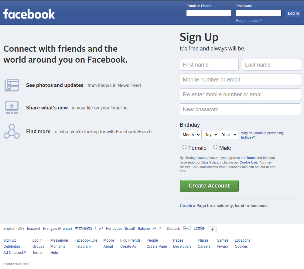 Facebook Registration Page in 2017